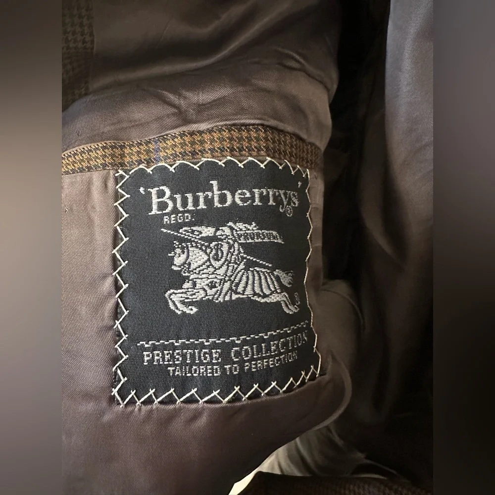 Vintage Burberry Brown Blue Houndstooth Plaid Blazer Sport Coat Men’s 46 Long